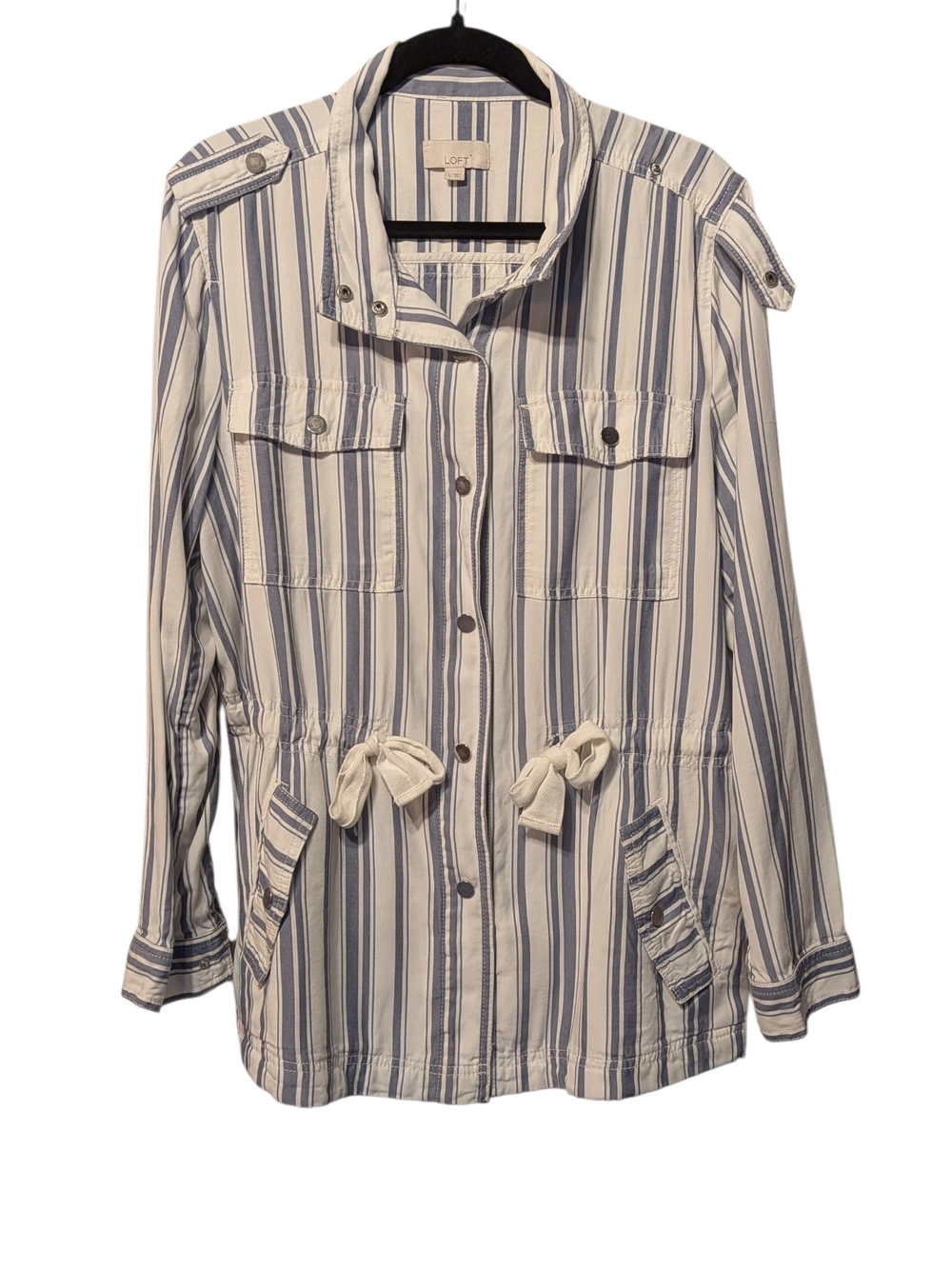 LOFT Striped Drawstring Utility Jacket in Blue and White